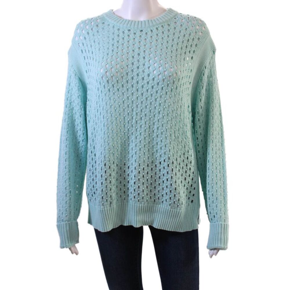 Elliott Lauren Womens Cotton Open Stitched Long Sleeve Sweater Aqua Blue Size L